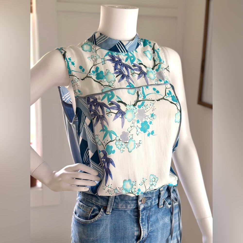 Anthropologie TINY Evelyn Mock Neck Top Blue Cherry Blossom Design S